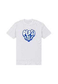 Bílý bavlněný tričko s výrazným modrým textem "PEPSI COLA." Klasický kulatý výstřih a krátké rukávy; hladká, beztexturová tkanina.