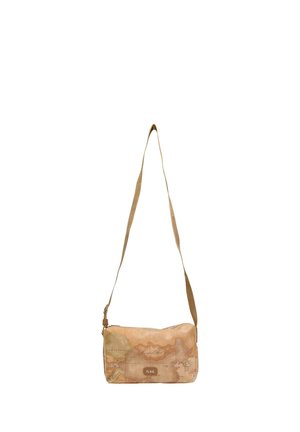 Bolso bandolera de cuero con estampado de mapa vintage y correa ajustable, de forma rectangular pequeña con cierre de cremallera.