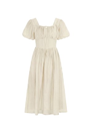 Midikleid in Creme mit Puffärmeln, quadratischem Ausschnitt und gerafftem Stoff an Brust und Rock für eine fließende Silhouette.