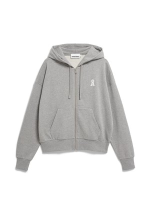 Grijze hoodie met ritssluiting gemaakt van zachte stof, voorzien van een voorvak, geribbelde manchetten en zoom, en een klein wit logo op de borst.