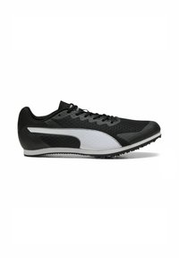 Zwart-witte sportieve schoen met mesh stof, strak ontwerp, vetersluiting en een gestructureerde zool met gripnoppen.
