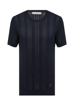 Maglia blu navy a maniche corte con righe verticali traforate e un piccolo logo triangolare vicino all'orlo inferiore.