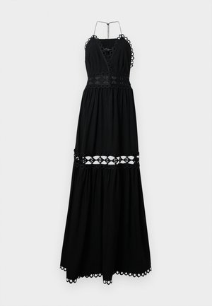 Rochie maxi neagră cu decolteu adânc în V și bretele tip halter. Prezintă accente circulare brodate și un design cu decupaje la talie și la bărbie.