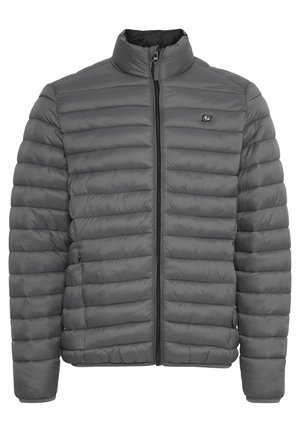 Graue gepolsterte Jacke mit hohem Kragen, durchgehendem Reißverschluss und elastischen Bündchen. Verfügt über horizontale Nähte und ein kleines Logo auf der linken Brust.