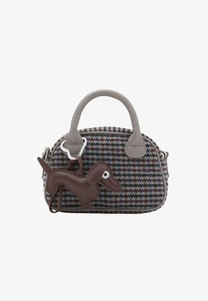 Small handbag with gray and brown houndstooth pattern, gray handles, and a brown dog-shaped keychain attached to the front.