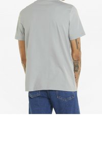 Light grey cotton t-shirt with a round neckline and short sleeves, featuring a straight cut. Back view shows minimal seams and smooth texture.