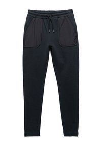 Pantalones sudadera negros con tejido texturizado, que presentan dos bolsillos frontales negros contrastantes y una cinturilla elástica con cordón.
