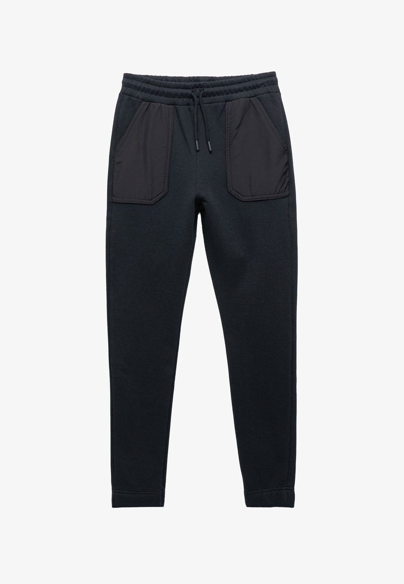 Schwarze Jogginghosen aus strukturiertem Stoff, mit zwei kontrastierenden schwarzen Vordertaschen und einem elastischen Bund mit Kordelzug.