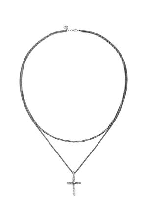 Two silver-tone chains feature a textured cross pendant. Chains are flat and closely linked; pendant is simple with a rough surface.