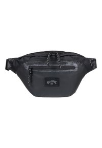 Marsupio nero in nylon con tasca frontale con zip, tracolla regolabile, patch con logo e finitura testurizzata. Dotato di corde riflettenti.