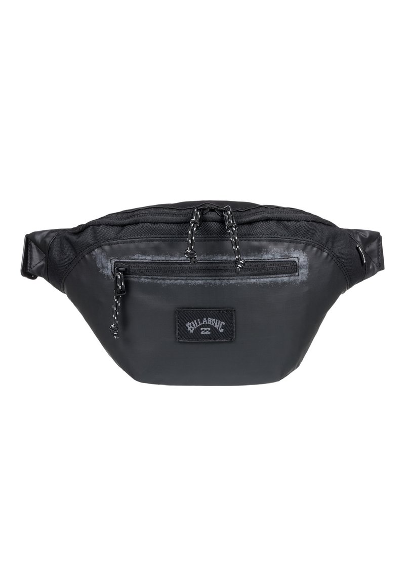 Marsupio nero in nylon con tasca frontale con zip, tracolla regolabile, patch con logo e finitura testurizzata. Dotato di corde riflettenti.