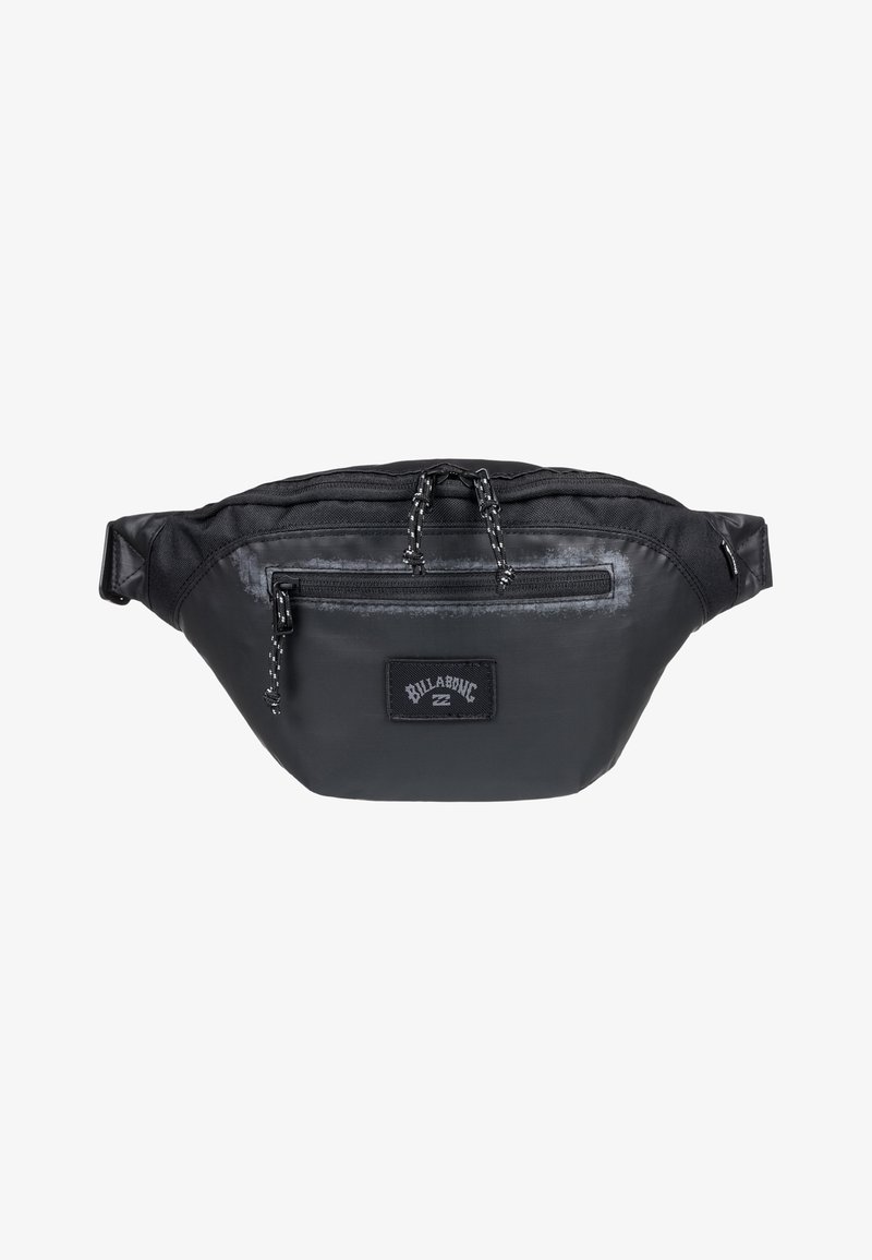 Marsupio nero in nylon con tasca frontale con zip, tracolla regolabile, patch con logo e finitura testurizzata. Dotato di corde riflettenti.