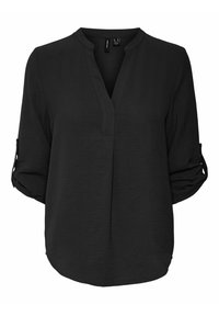 Blusa nera con scollo a V, maniche a tre quarti con risvolti e orlo curvo. Realizzata in tessuto leggero e testurizzato.