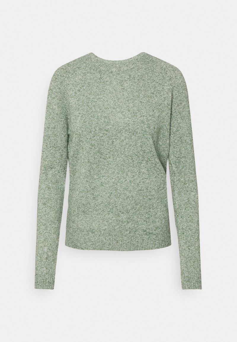 Pull en maille texturée vert clair avec manches longues et col rond. Design simple sans motifs visibles ni détails métalliques.