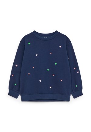 Sudadera azul marino de manga larga con pequeños patrones de corazones dispersos en rosa, verde y blanco, escote redondo y puños y bajo acanalados.