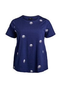 Námořnická modrá bavlněná trička s krátkými rukávy, zdobená bílou květinovou výšivkou rozmístěnou po přední části. Kruhly výstřih, volný střih.