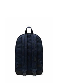 Sac à dos bleu marine avec motif cachemire, en tissu, bretelles rembourrées, poignée supérieure, et un fond noir. Comprend deux boucles réglables.