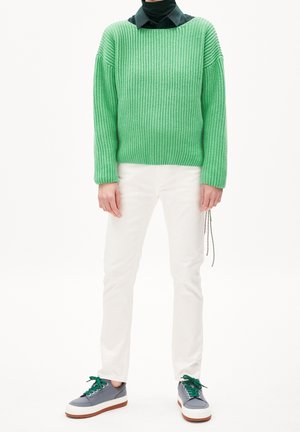 Personne portant un pull vert tricoté, une chemise noire à col, un pantalon blanc et des baskets grises avec des lacets verts, debout sur un fond blanc.