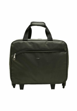Borsa verde con ruote realizzata in tessuto resistente, dotata di due manici superiori, una tasca frontale con zip, forma rettangolare e piedini in plastica per la stabilità.
