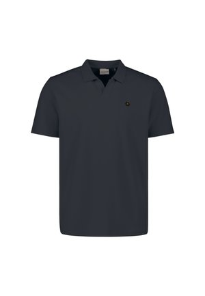 Navyblauw poloshirt met korte mouwen, kraag en klein zeshoekig logo op de linkerborst.