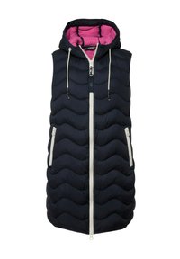 Marinblå ärmlös puffer väst med huva, med en rosa foder, quiltad textur, framsidan med dragkedja och två sidofickor med vit kant.