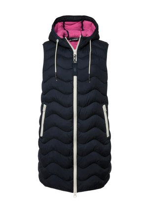 Gilet invernale senza maniche di color blu navy con cappuccio, dotato di fodera rosa, tessuto trapuntato, zip frontale e due tasche laterali con bordi bianchi.