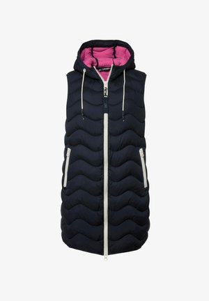 Marineblaue ärmellose Steppweste mit Kapuze, featuring ein pinkes Innenfutter, gestepptem Muster, Frontreißverschluss und zwei Seitentaschen mit weißem Besatz.