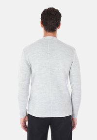 Maglione knit grigio chiaro con una finitura testurizzata, maniche lunghe e scollatura rotonda. Caratterizzato da un dettaglio con cucitura centrale lungo la schiena.