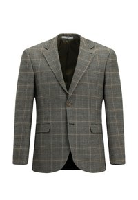 Grijze geruite blazer van gestructureerde stof, met twee voorkruiszakken, gelapte revers en een enkele knoopsluiting. Binnenvoering in donkergroen.