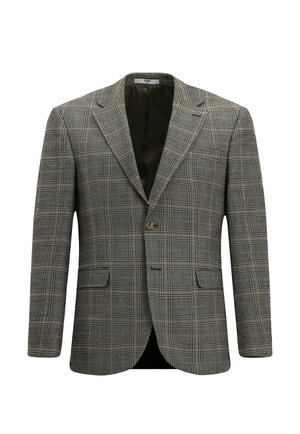 Blazer a quadri grigi realizzato in tessuto testurizzato, dotato di due tasche frontali, revers a punta e chiusura con un bottone. Fodera interna di colore verde scuro.