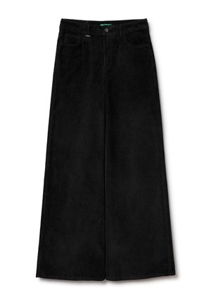 Czarne szerokie spodnie z kierdziołkiem o gładkiej fakturze, z pięcioma kieszeniami, zapięciem na guziki i suwak oraz wysokim stanem.