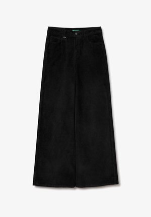 Czarne szerokie spodnie z kierdziołkiem o gładkiej fakturze, z pięcioma kieszeniami, zapięciem na guziki i suwak oraz wysokim stanem.