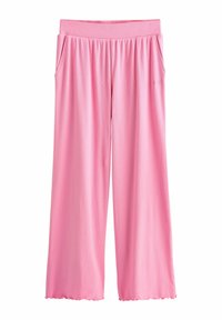 Pantaloni a gamba larga rosa chiaro realizzati in tessuto morbido, dotati di una vita elasticizzata e tasche laterali. I bordi sono leggermente ondulati.