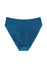 Glittrande teal bikiniunderdel med högskuren midja och slät textur. Materialet reflekterar ljus, vilket ger en skimrande effekt.