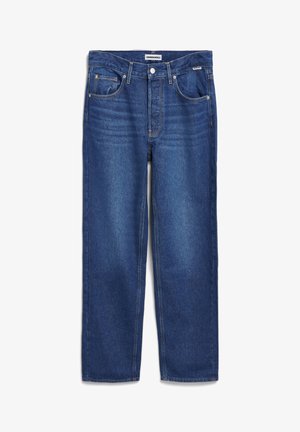 Denim jeans in diepblauwe kleur, recht gesneden ontwerp met een gemiddelde tailleband, vijf zakken en subtiele vervaging aan de voorkant.