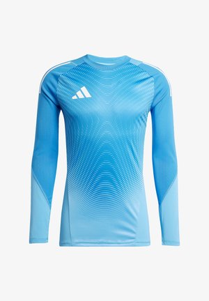 Maglietta sportiva a manica lunga azzurro chiaro realizzata in tessuto elasticizzato, con un motivo a onde, logo adidas bianco sul petto e accenti a contrasto sulle maniche.