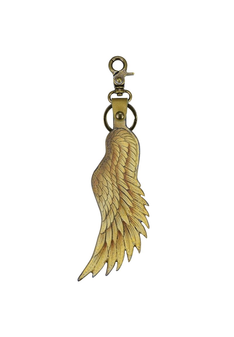 Gold-toned wing charm with detailed feather pattern, finished with a metal clip and keyring. Measures approximately 4 inches in length.