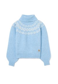 Maglione lavorato a maglia azzurro chiaro con un collo alto e un motivo a yoke in crema. Presenta maniche lunghe a palloncino e orlo a coste.