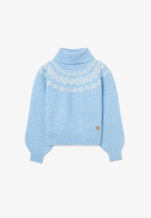 Lichtblauwe gebreide coltrui met een gebreide yoke in crème. Met lange, ballonvormige mouwen en een geribde onderkant.