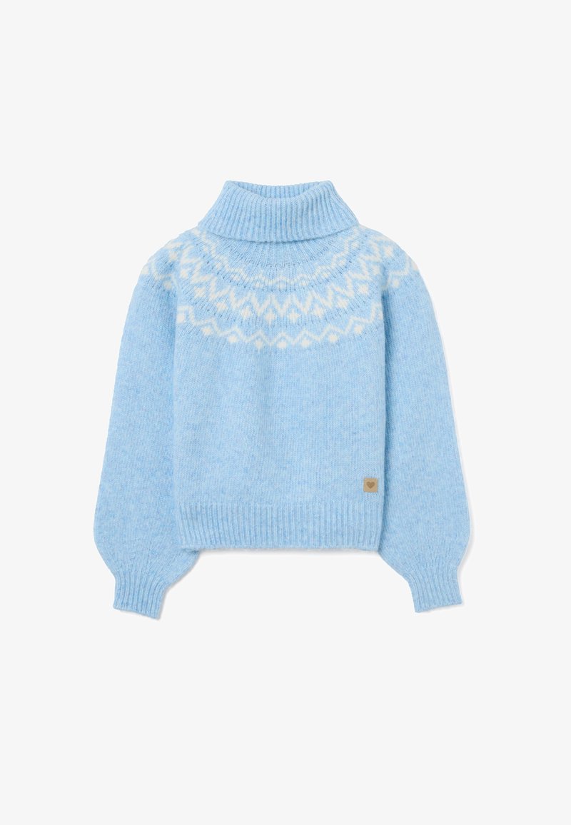 Maglione lavorato a maglia azzurro chiaro con un collo alto e un motivo a yoke in crema. Presenta maniche lunghe a palloncino e orlo a coste.