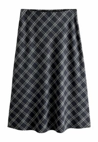 Black and gray plaid A-line skirt, featuring a smooth fabric texture and knee-length hem, with a subtle checkered pattern throughout.
