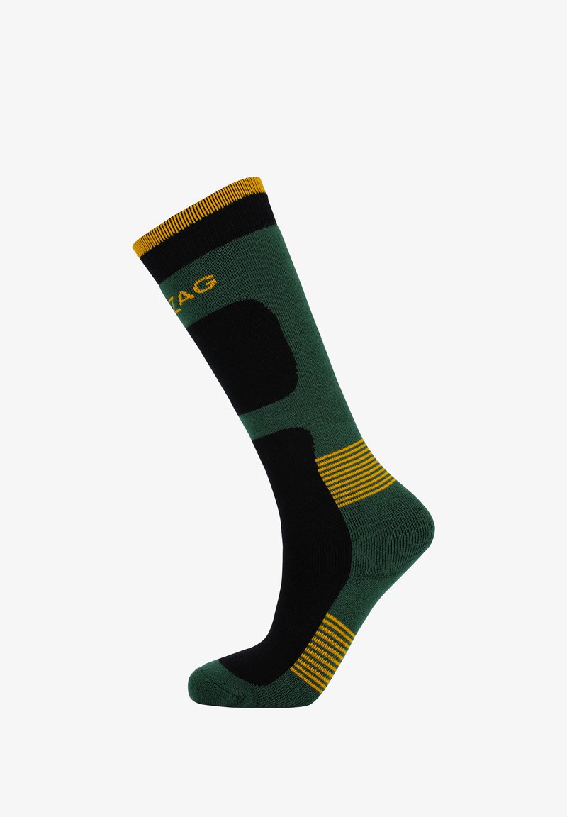 Grüne und schwarze Socken mit gelben Akzenten, die über einen gestreiften Bund, einen einfarbigen Fersen- und Zehenbereich sowie ein strukturiertes Paneel an den Seiten verfügen.