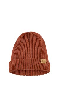 Knitted beanie in rust orange, featuring a ribbed texture and a turned-up cuff. Embellished with a small, rectangular brand label.