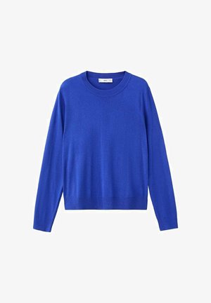 Royal blue sweater made from soft material, featuring a round neck, long sleeves, and a relaxed fit with a ribbed hem.