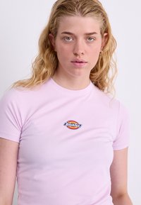 Šviesiai rožinė trumpų rankovių marškinėlių su prigludusia forma, pagaminti iš medvilnės. Priekyje yra apvalus mėlynas, raudonas ir geltonas "Dickies" logotipo uždėtukas.
