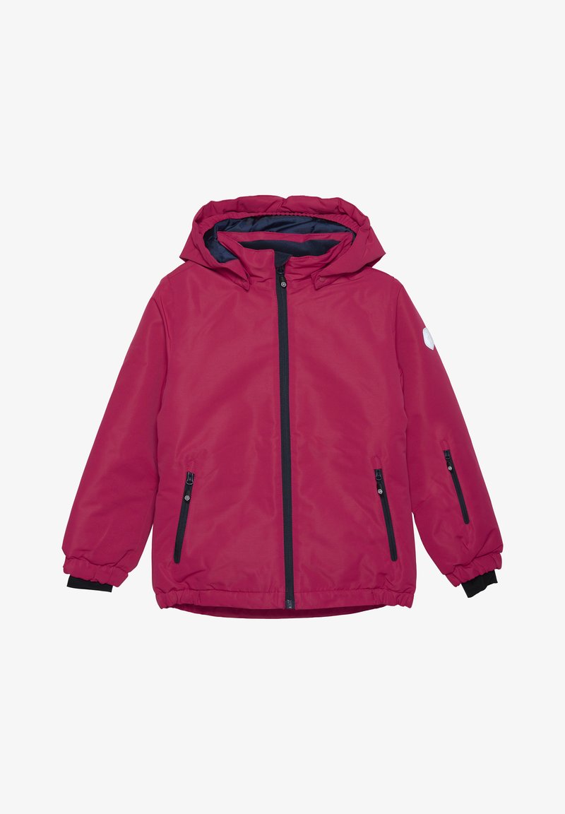 Fuchsia wasserdichte Jacke mit Kapuze, schwarzen Reißverschlusstaschen, elastischen Bündchen und einem weißen Logoakzent am Ärmel. Glatte Textur.