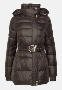 Czarna kurtka puchowa z wysokim kołnierzem i odpinanym kapturem, z paskiem w talii, zatrzaskami i pikowaną fakturą. Posiada boczne kieszenie.