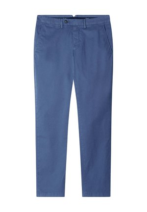 Blaue Baumwoll-Chinos mit schlanker Passform, ausgestattet mit einem frontalen Knopfverschluss, seitlichen Taschen und einer glatten Textur. Keine sichtbaren Muster oder Akzente.