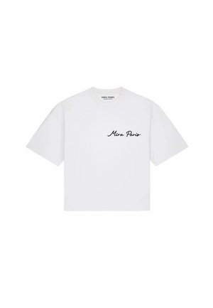 T-shirt bianca a maniche corte con "Mira Paris" stampato in corsivo nero sul petto sinistro, girocollo e vestibilità rilassata.