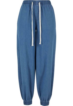 Denim joggers with an elastic waistband and drawstring. Light blue color, tapered leg with elastic cuffs, showcasing a smooth texture.